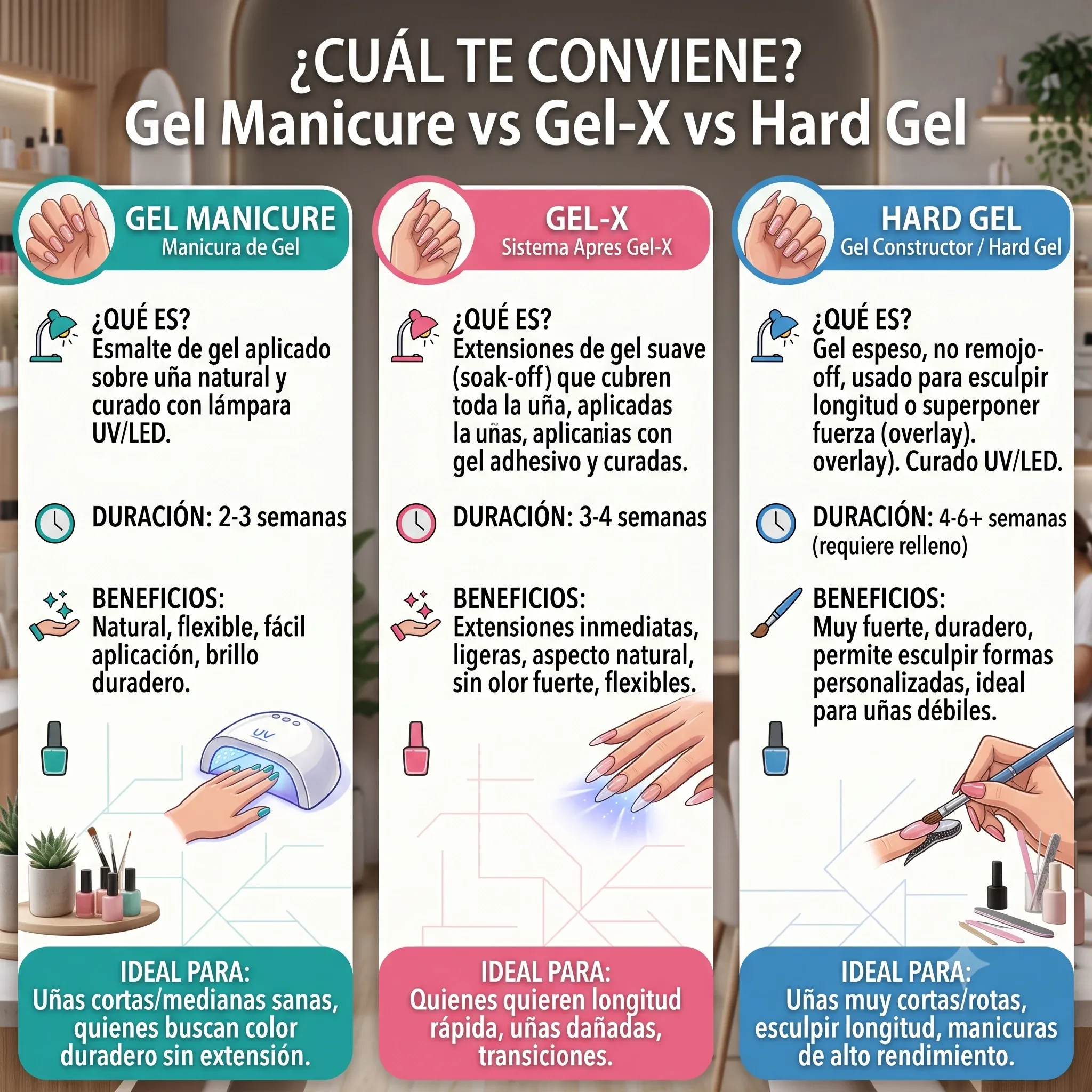 Comparison of Gel Manicure, Gel-X and Hard Gel in three columns.