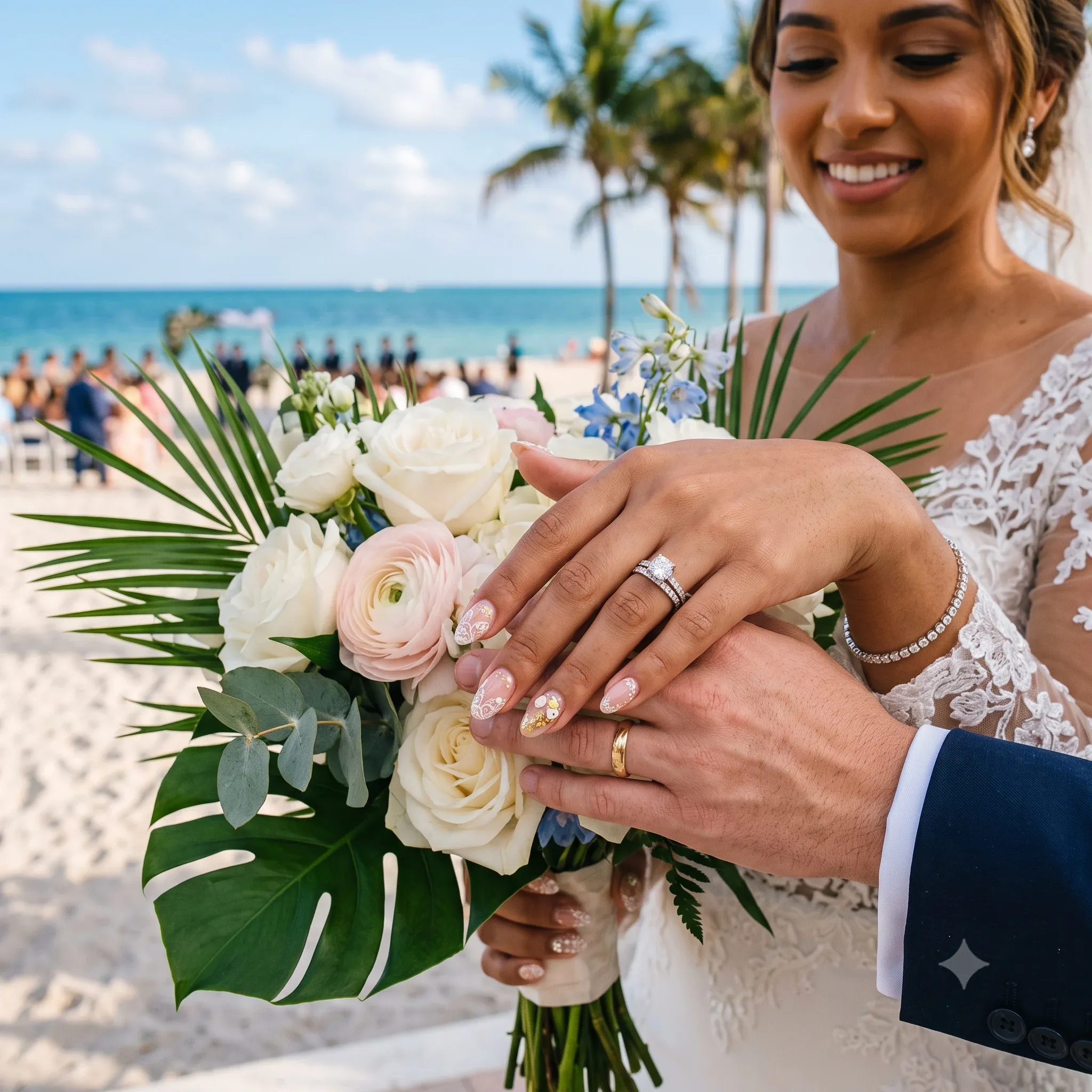 Novia en la playa con ramo de flores blancas, mostrando manos y anillos.